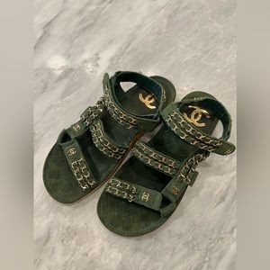 Authentic Chanel dark green dad sandals 36.5